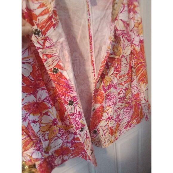 Blazer Jacket Ruby Rd 20W Snaps Beads Straw Tropical Floral Pink Orange White - Picture 4 of 8